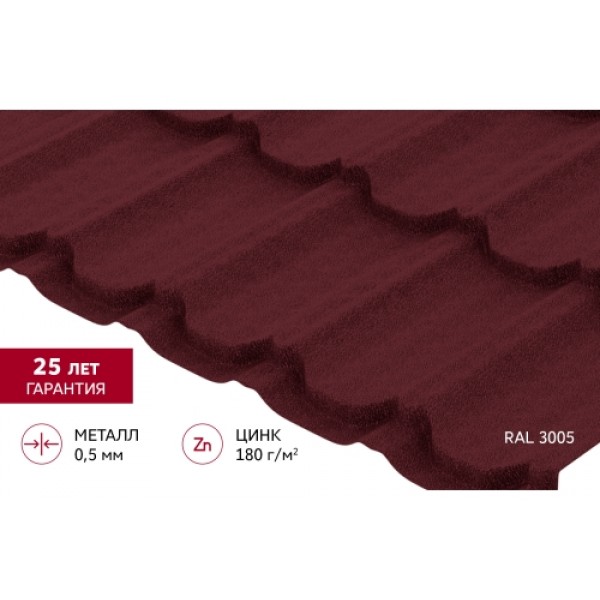 ГРАНД ЛАЙН Металлочерепица Квинта плюс (Kvinta plus) 0,5 Satin Matt RAL 3005 красное вино 386249