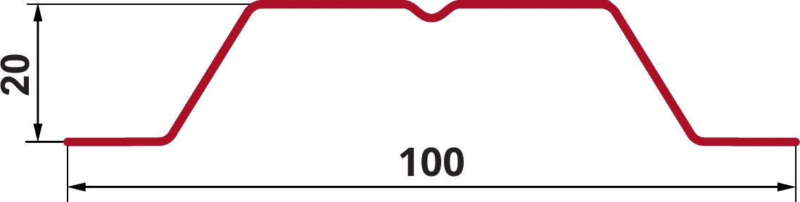 Сечение штакетника П-образный A: ширина 100 мм, высота 20 мм