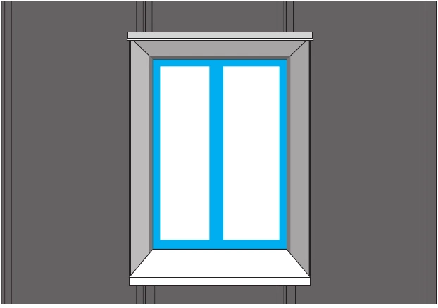 Пример верхнего примыкания проема на фасаде из панелей Кликфальц. Цвета и элементы отделки показаны условно.