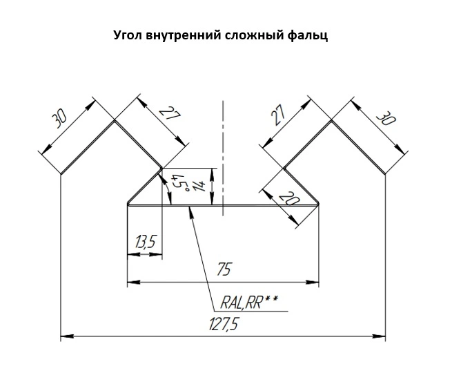 Геометрия профиля — Угол внутренний сложный фальц Grand Line 0,45 Drap ТХ двухсторонний RAL 9005 черный (2м)