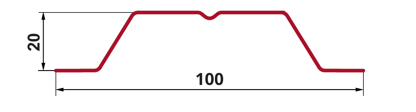 Сечение штакетника П-образный B: ширина 100 мм, высота 20 мм