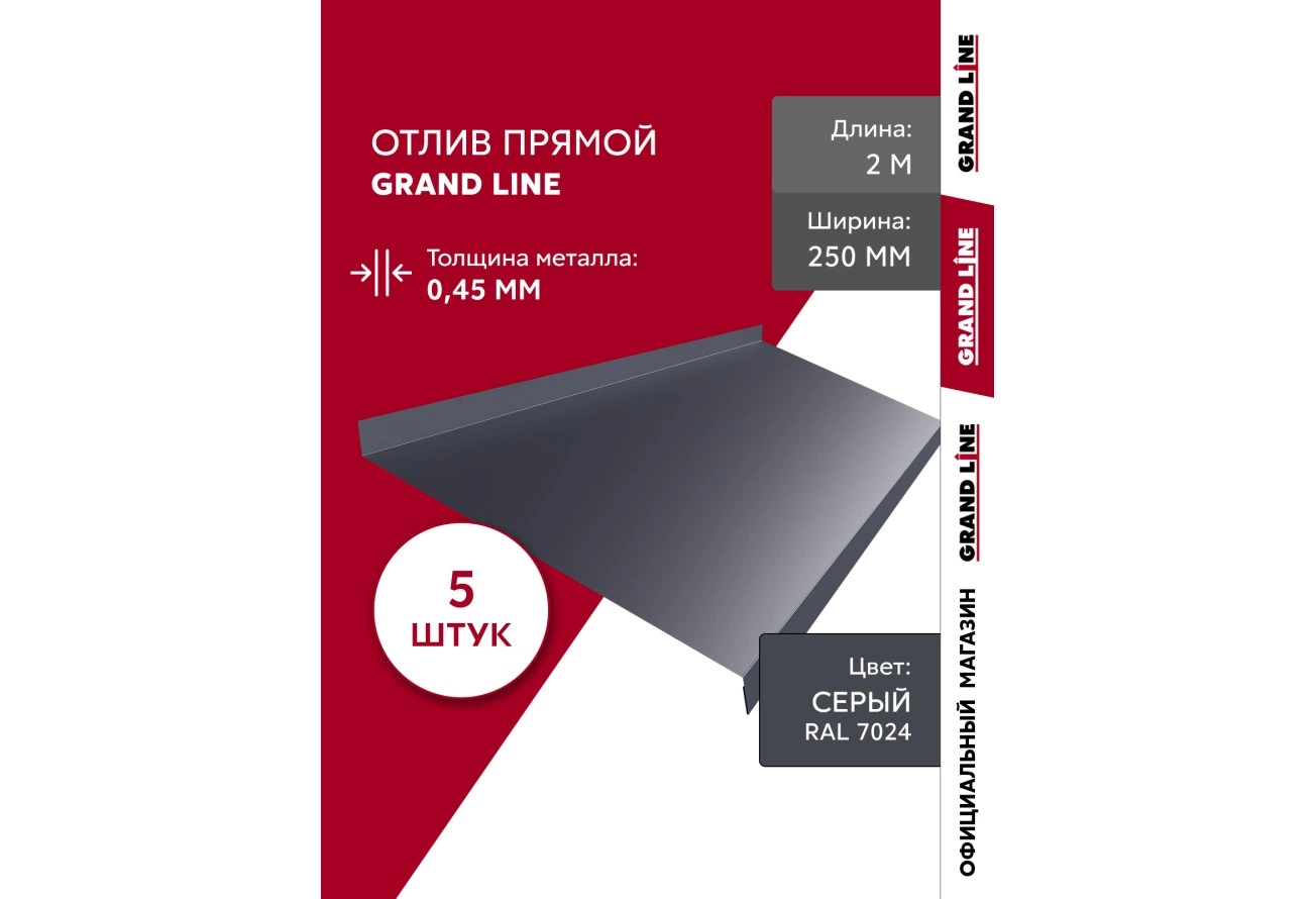 Комплект отливов Grand Line простых 250 мм 0,45 ПЭ с пленкой RAL 7024 мокрый асфальт 2м (5шт)