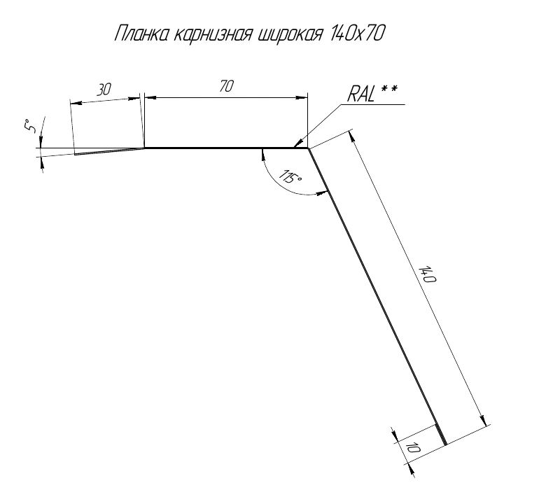 Заводское сечение карнизной планки 140×70 мм. Размер 140 мм указан вдоль наклонной полки.